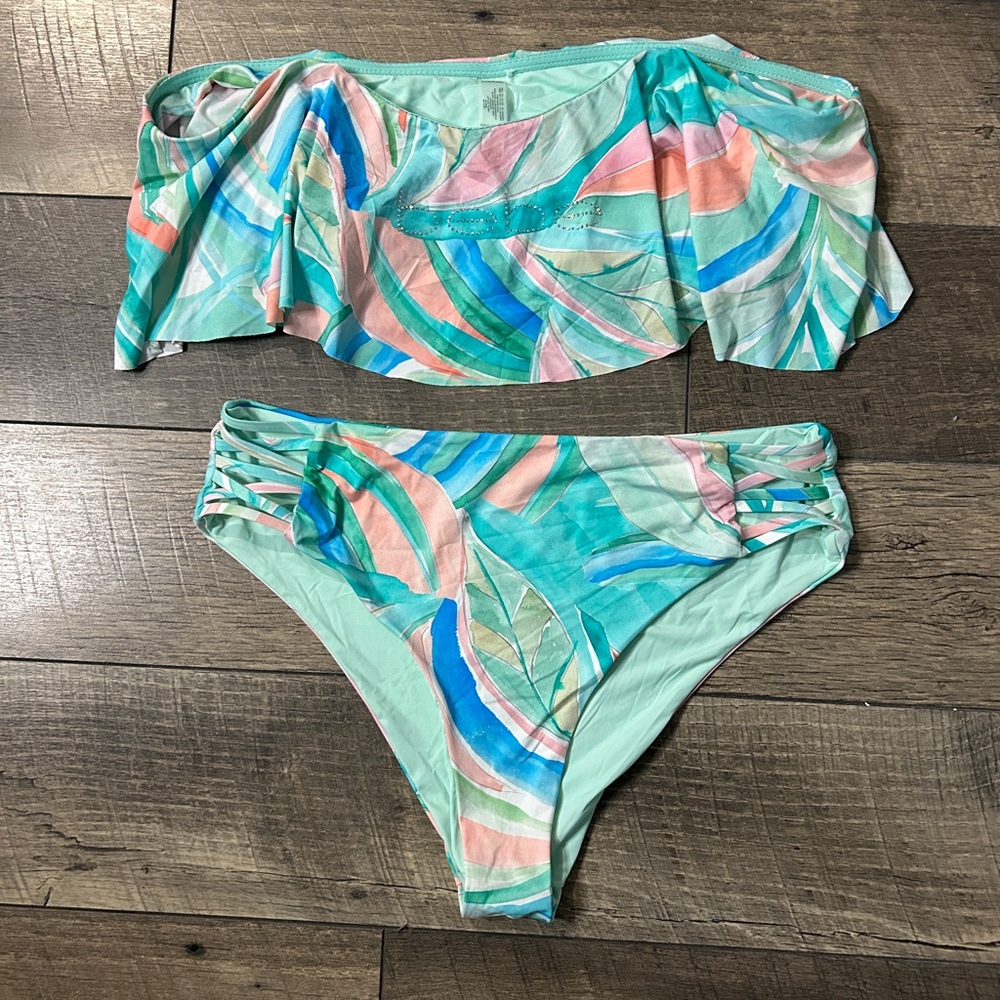 Bebe drop shoulder bikini size XL pink blue green with glittery rhinestones